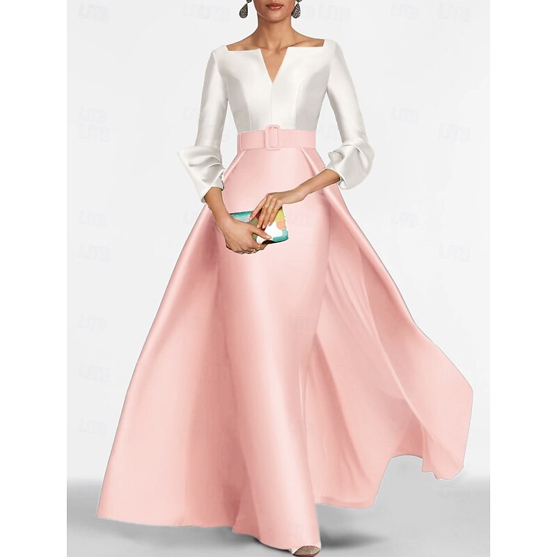 Red Sheath Evening Gown Elegant Dress Formal Floor Length 3/4 Length Sleeve V Neck Belt / Sash Satin with Slit4