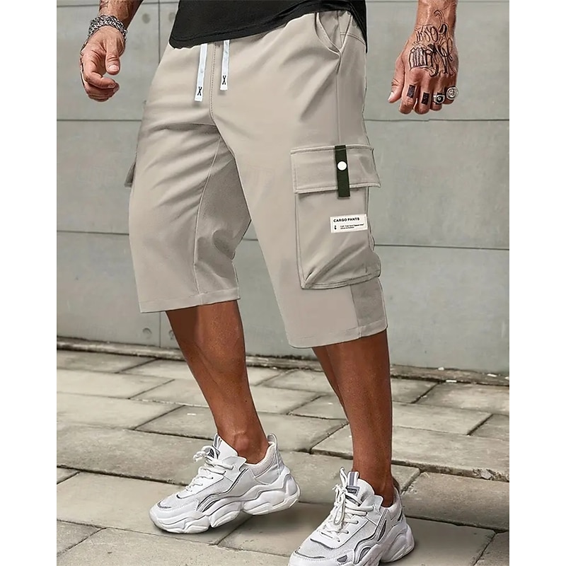 Men's Cargo Shorts Summer Shorts Capri shorts Drawstring Elastic Waist Multi Pocket Plain Comfort Wearable Calf-Length Outdoor Sport Daily Fashion Casual Black Khaki
