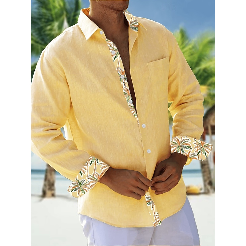 Men's Shirt Summer Shirt Casual Shirt Beach Shirt Button Up Shirt Yellow Pink Green Gray Long Sleeve Plain Pattern Lapel Vacation Hawaiian Button-Down Clothing Apparel Polyester Fashion Casual2