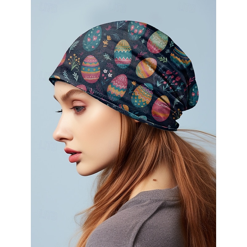 Women's Easter Egg Print Lightweight Breathable Beanie Cap - Can  be worn as a neck gaiter, soft and stretchy fabric, suitable for casual and festive wear, perfect for spring and holiday celebrations2