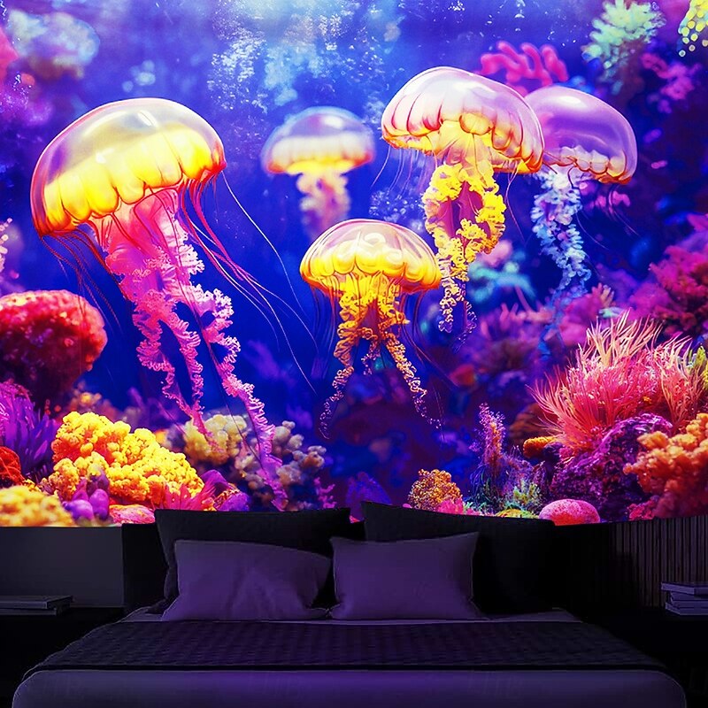 Blacklight Tapestry Glow in the Dark Glow Party UV Reactive Jellyfish Trippy Misty Nature Landscape Hanging Tapestry Wall Art Mural for Living Room Bedroom3