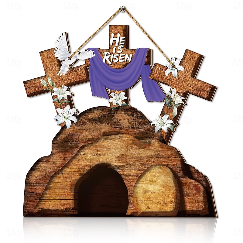 He is Risen Door Sign Hanging Wall Ornament Welcome Art Carving Easter Decoration Wooden Jesus Hanger for Party Window Home4