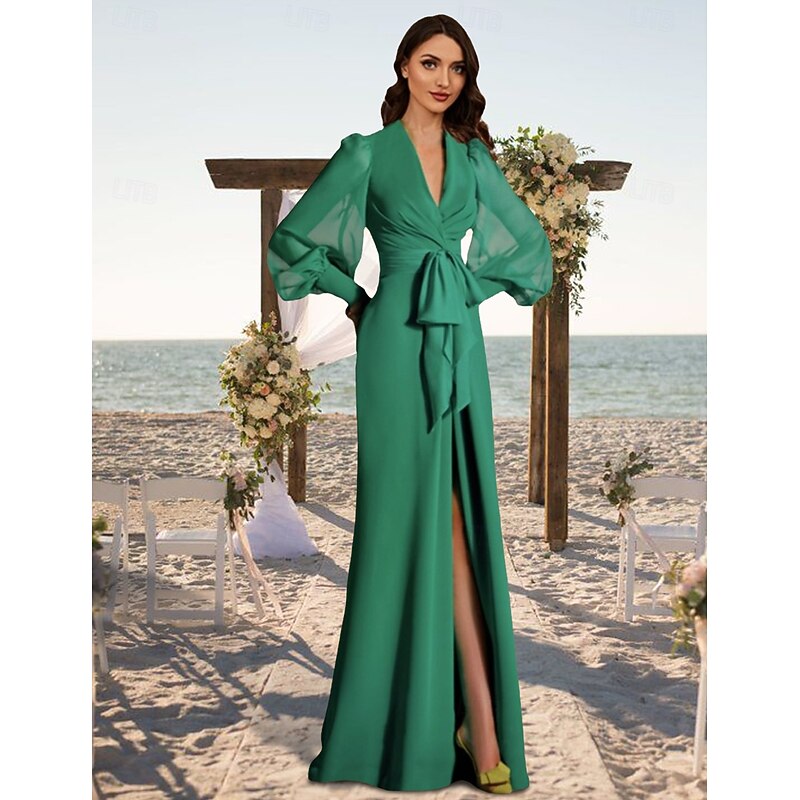 Mermaid / Trumpet Evening Gown Elegant Dress Formal Wedding Guest Sweep / Brush Train Long Sleeve V Neck Fall Wedding Guest Chiffon with Slit Strappy