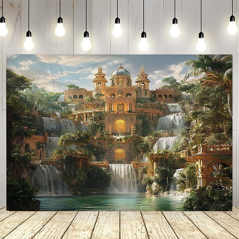 A Castle house plants lake water waterfall  Landscape Tapestry Wall Art Large Tapestry Mural Decor Photograph Backdrop Blanket Curtain Home Bedroom Living Room Decoration3