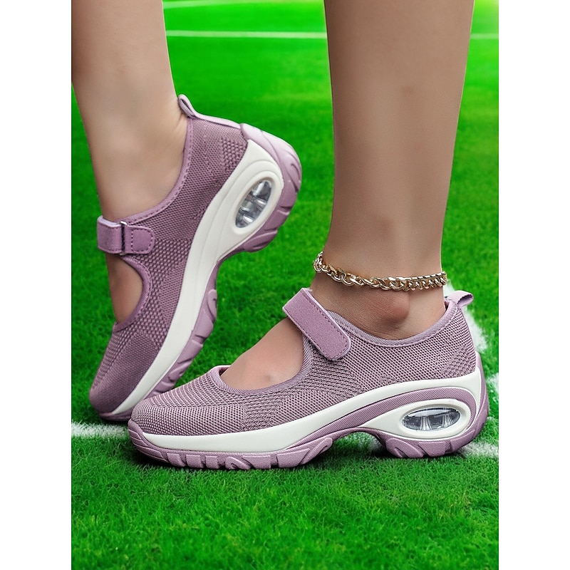 Flyknit Mesh Slip-On Sneakers for Women – Comfortable Velcro Strap Sport Shoes with Air Cushion Sole for Walking and Everyday Wear