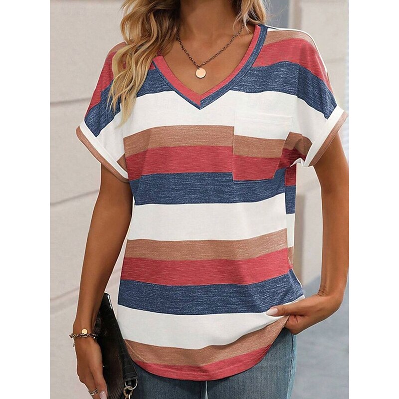 Women's T Shirt Striped Fashion Modern Casual Short Sleeve V Neck Regular Tops Daily Weekend Pink Wine Sky Blue Summer Spring3