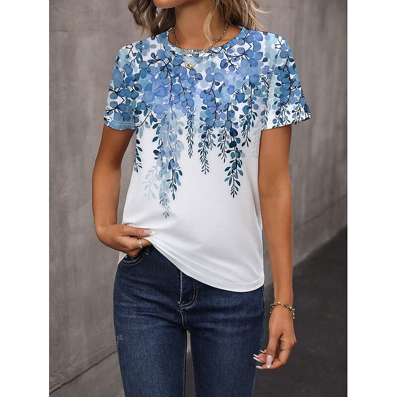 Women's T Shirt Floral Casual Short Sleeve Round Neck Regular Tops Daily Print Blue Summer3