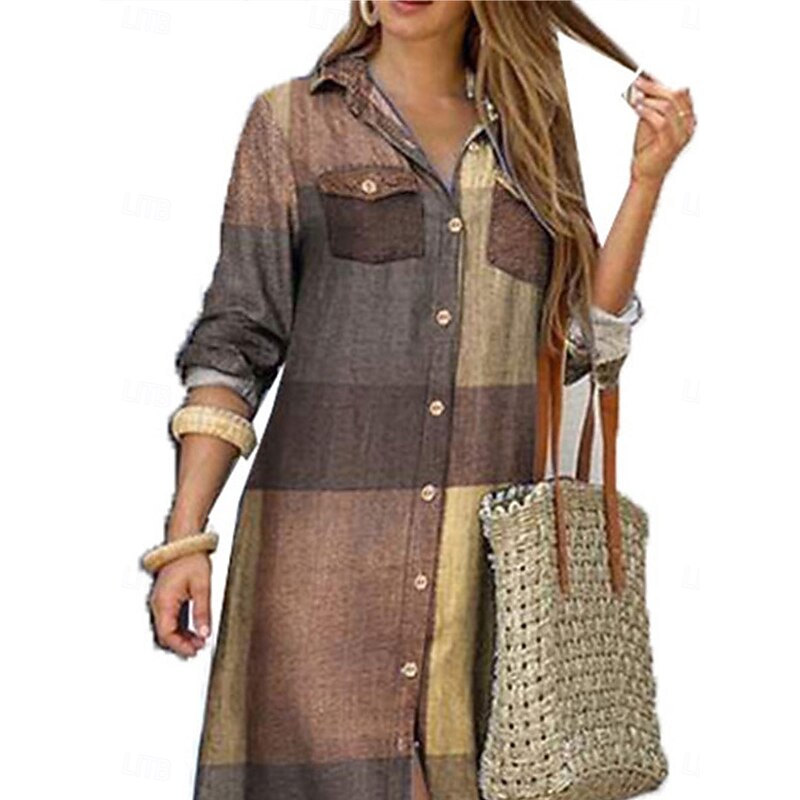 Women's Maxi Dress Shirt Dress Casual Dress Stylish Basic Casual Vacation Daily Loose Fit Graphic Long Sleeve Shirt Collar Wine Red Blue Khaki Spring Fall3
