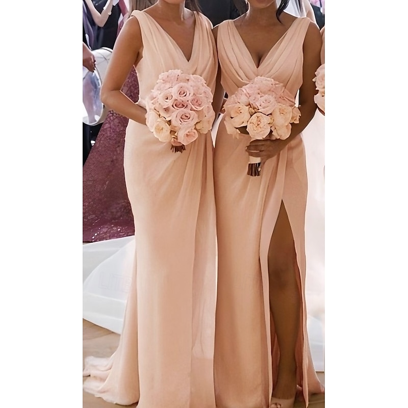 Mermaid / Trumpet Bridesmaid Dress V Neck Sleeveless Elegant Sweep / Brush Train Chiffon with Pleats / Split Front / Ruching 20222
