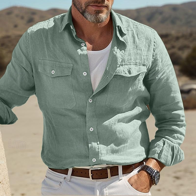 Men's Shirt Linen Shirt Summer Shirt Beach Wear Button Up Shirt Solid Color Street Daily White Blue Green Khaki Long Sleeve Fold-over Collar Clothing Apparel Pocket2