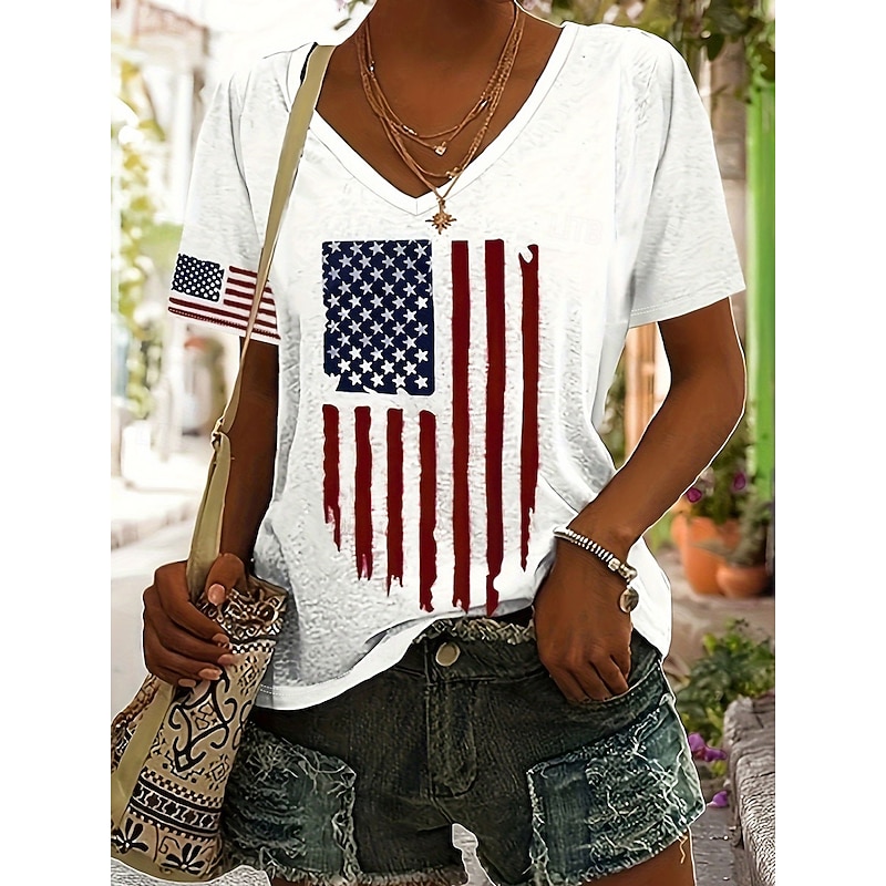 Women's Patriotic  T Shirt Flag Casual Red White And Blue Short Sleeve V Neck Regular Tops Daily Print White Summer