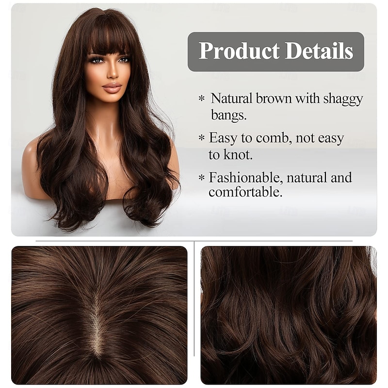 Long Brown Wig with Bangs Wave Curly Wigs for Women Heat Resistant Natural Synthetic Wig for Daily Use4