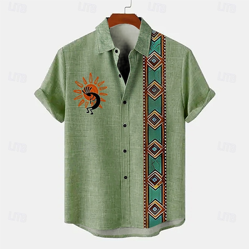 Men's Shirt Linen Shirt Summer Hawaiian Shirt Retro Shirts Vintage Shirt Ethnic Shirt Daily Green khaki Beige Short Sleeve Turndown Summer Spring Clothing Apparel