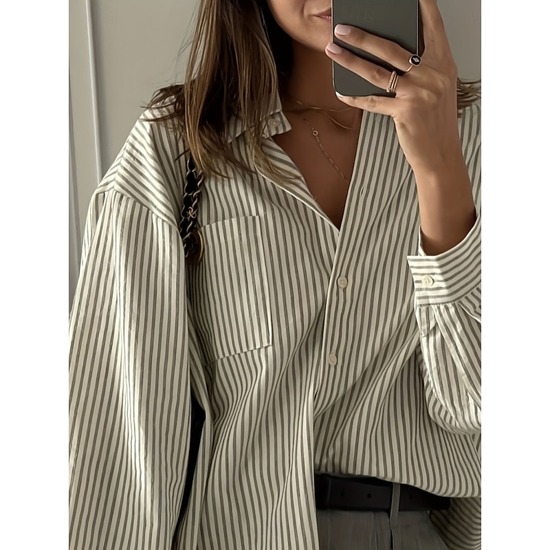 Women's Shirt Blouse Striped Stylish Casual Long Sleeve Shirt Collar Regular Tops Daily Buttons Pocket Print Gray Summer Spring2