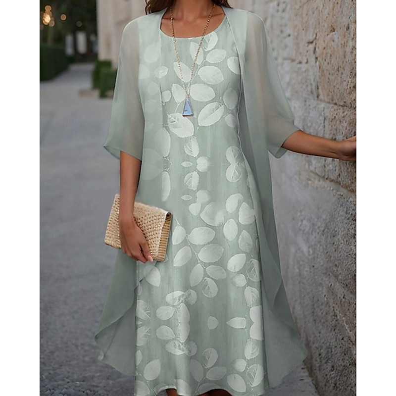 Women's Fashion Streetwear Skirt Sets 3/4 Length Sleeve Crew Neck Plant Lace Print Daily Wear Date Pink Purple Green Spring Regular Fit2