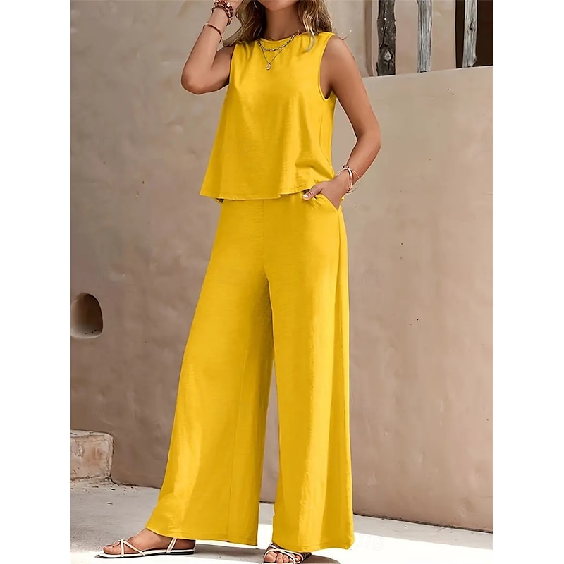 Women's Elegant Fashion Streetwear Two Piece Sets Blouse Vest Pants Trousers Sleeveless Crew Neck Solid Color Outdoor Work Casual Black Yellow Dark Navy Summer Regular Fit