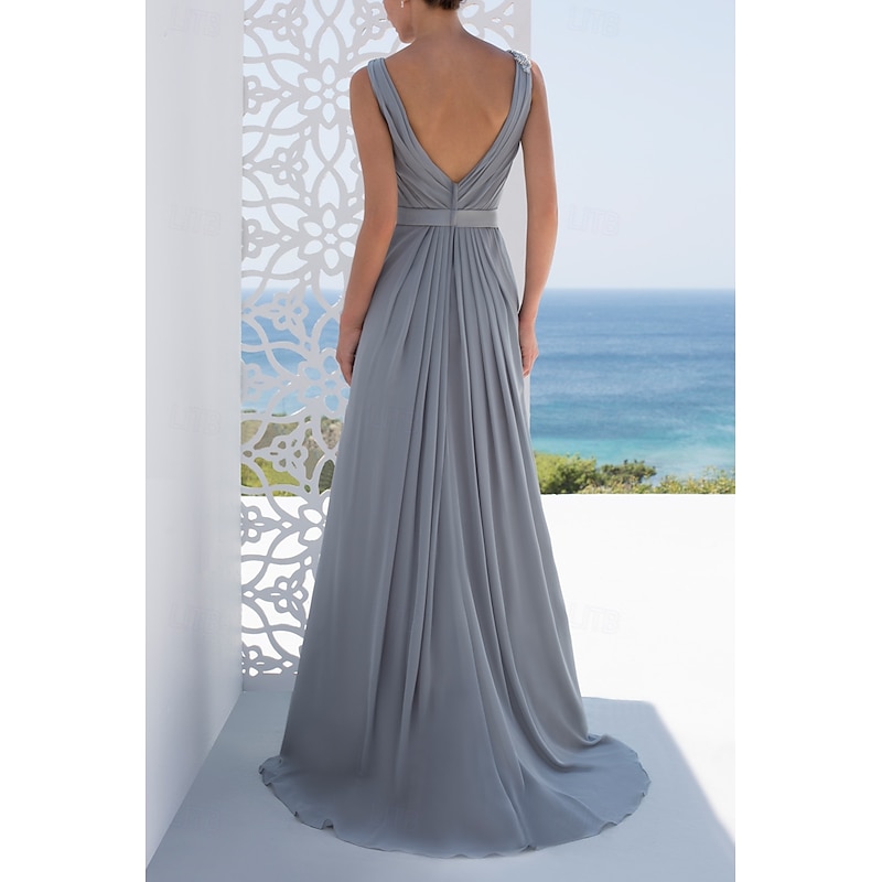 A-Line Bridesmaid Dress V Neck Long Sleeve Elegant Sweep / Brush Train Chiffon with Pleats / Ruffles2