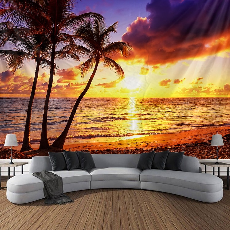Landscape Sunset Beach Hanging Tapestry Wall Art Large Tapestry Mural Decor Photograph Backdrop Blanket Curtain Home Bedroom Living Room Decoration Palm Tree3