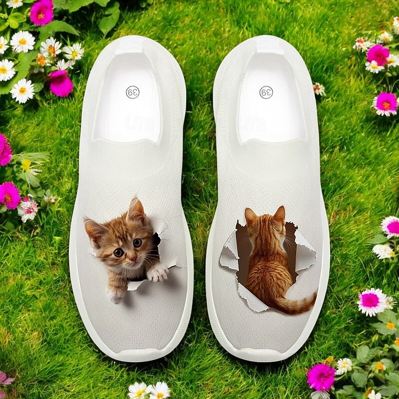 Slip-On Flyknit Sneakers with Cat Print Design, Breathable Upper and Comfortable Sole for Casual and Fun Wear3