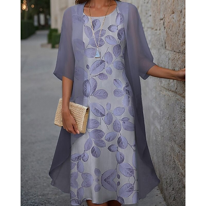 Women's Fashion Streetwear Skirt Sets 3/4 Length Sleeve Crew Neck Plant Lace Print Daily Wear Date Pink Purple Green Spring Regular Fit3