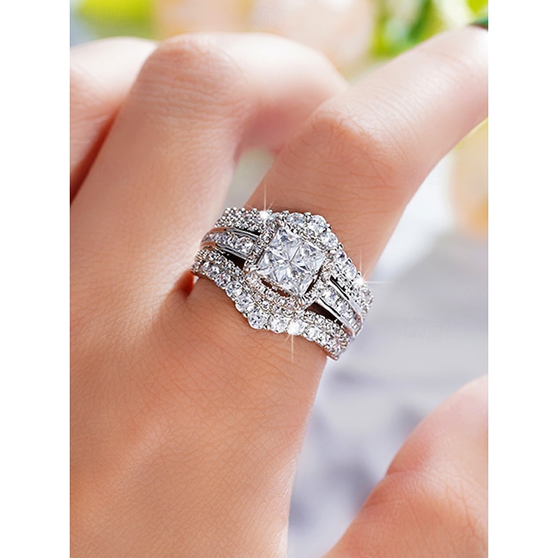 Luxury Wedding Ring Set with Cubic Zirconia, Silver-Plated, Elegant Bridal Jewelry for Women