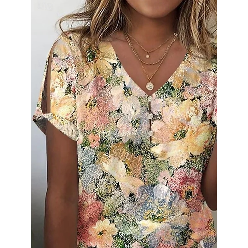 Women's Blouse V Neck Floral Graphic Casual Short Sleeve Regular Tops Daily Buttons Print Yellow Summer3