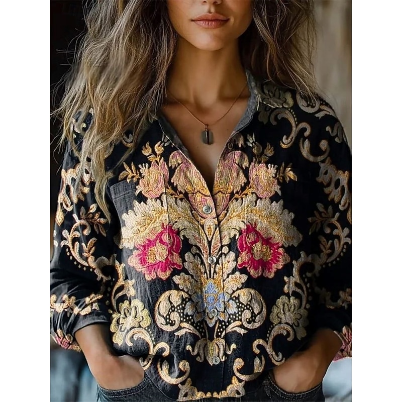 Women's Shirt Floral Retro Vintage Ethnic Long Sleeve Shirt Collar Regular Tops Daily Holiday Pocket Buttons Print Black Wine Fuchsia Summer