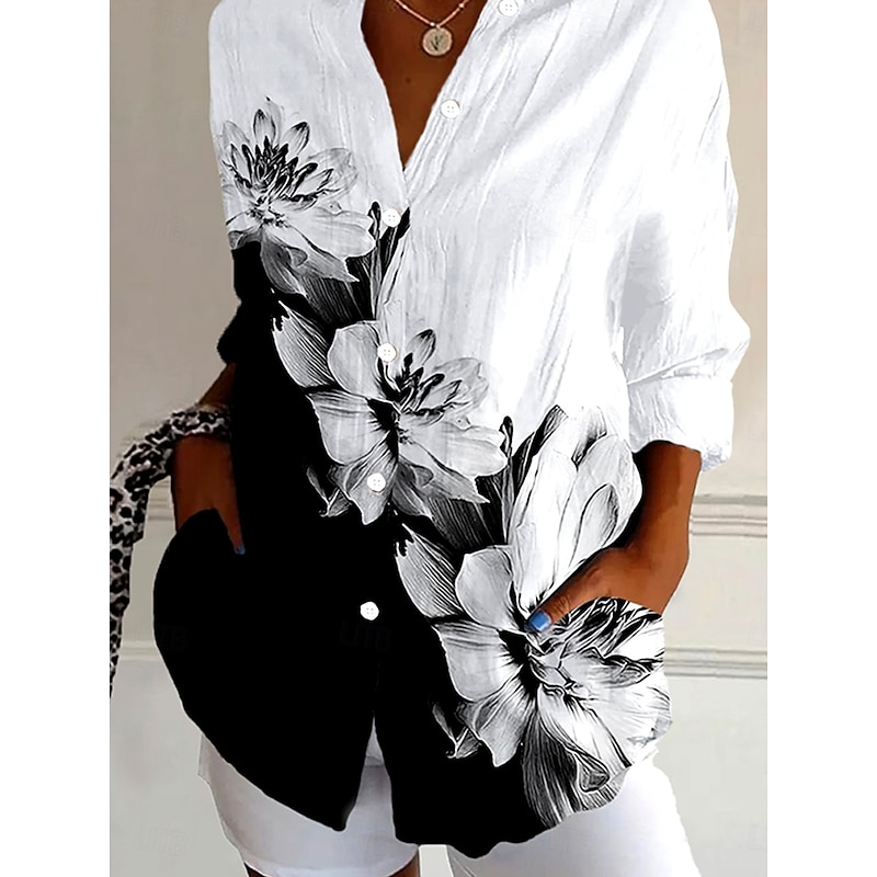 Women's Shirt Button Down Tunic Shirt Collar Long Sleeve Floral Graphic Daily Stylish Retro Vintage 3/4 Length Sleeve Regular Tops Daily Holiday Going out s Black Spring3