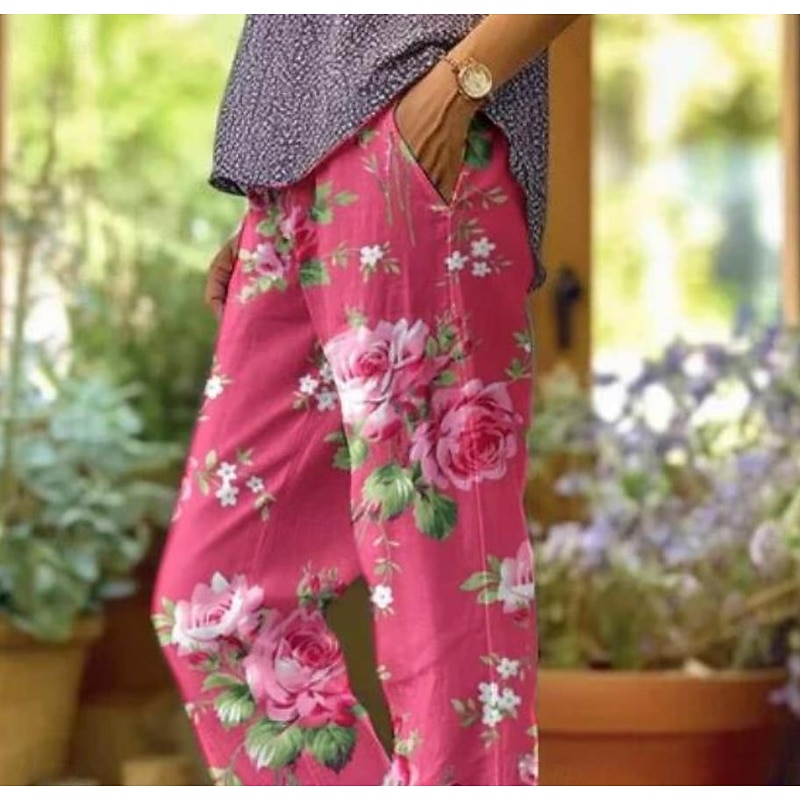 Women's Cotton Linen Pants Baggy Pants Linen Like Fashion Streetwear Full Length High Waist Floral Graphic Printing Thermal Warm Breathable Soft Micro-elastic Outdoor Daily Pink Fall Winter2