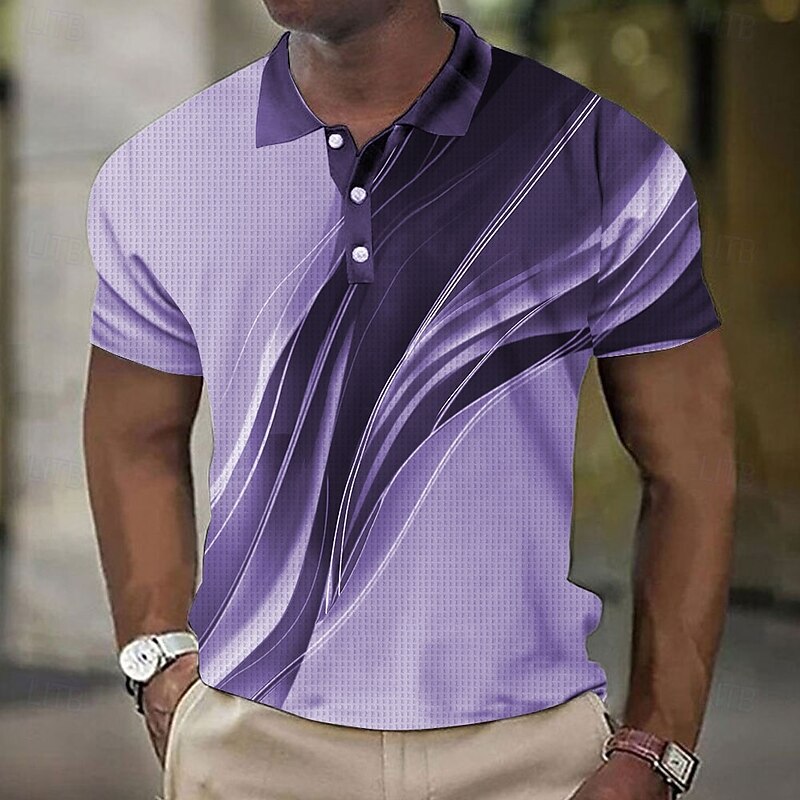 Men's Geometic Line Waffle Polo Shirts Short Sleeve Polo Shirts Collared Shirts Casual Business Casual Outdoor Athleisure Daily Wear Buttons 3D Print Summer Black Blue Purple3
