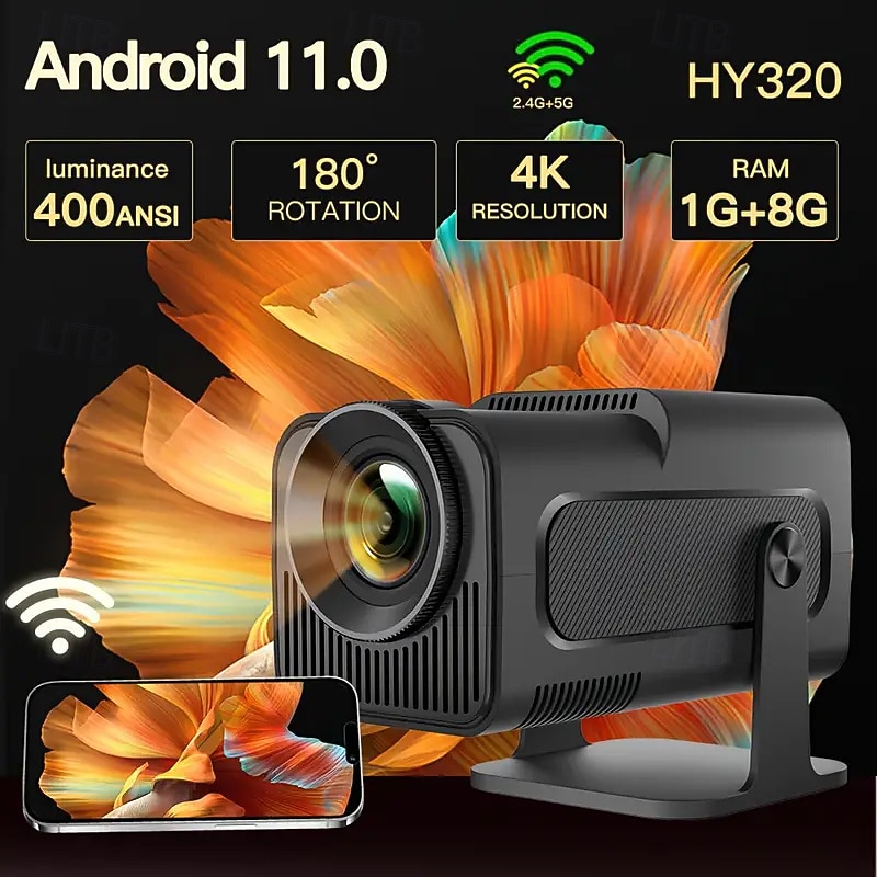 1080P Intelligent Vision Projector 1080P HD 400 ANSI Brightness for Android 11.0 Dual WIFI Bands 180 Rotatable for Home Theater and Outdoor Use