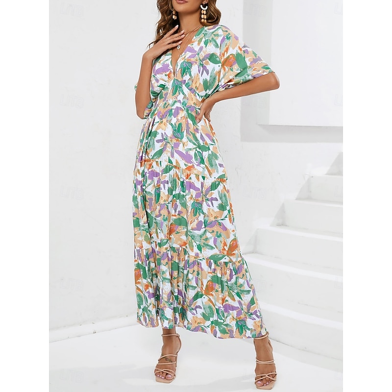 Women's Maxi Dress Casual Dress A Line Dress Stylish Casual Vacation Daily Regular Fit Floral Half Sleeve V Neck Blue Summer3