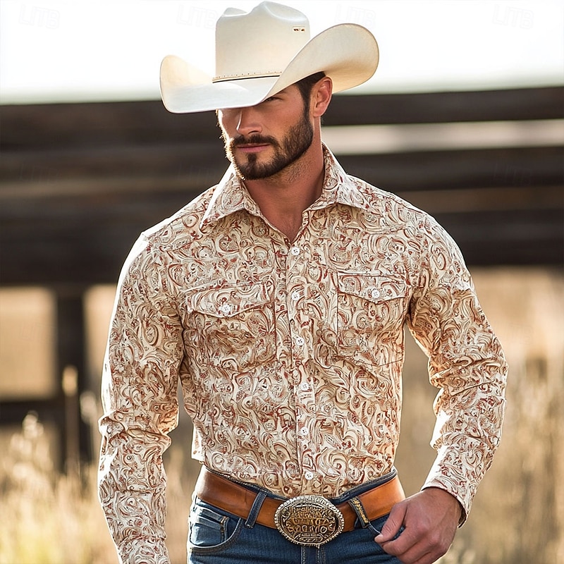 Men's Floral Print Western Shirt Button Up Shirt Cowboy Shirt Long Sleeve Western Vintage Retro Outdoor Casual Summer Spring Fall Turndown Collared Shirts Front Two Pockets Khaki