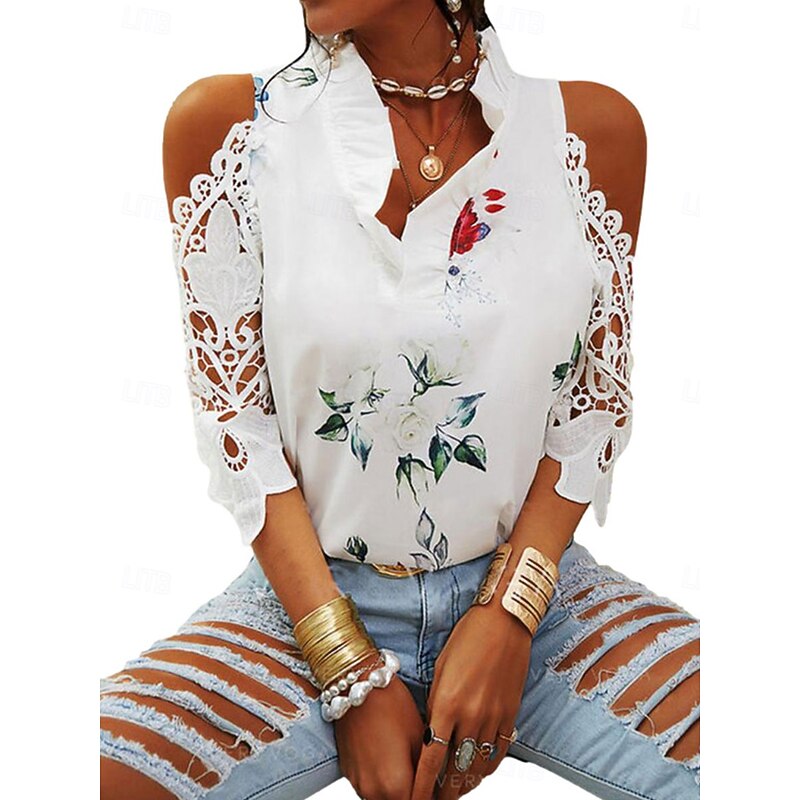 Women's T Shirt Floral Elegant Vintage Fashion Long Sleeve V Neck Regular Tops Daily Going out Weekend Patchwork Eyelet Print White Pink Blue Green Summer Spring3