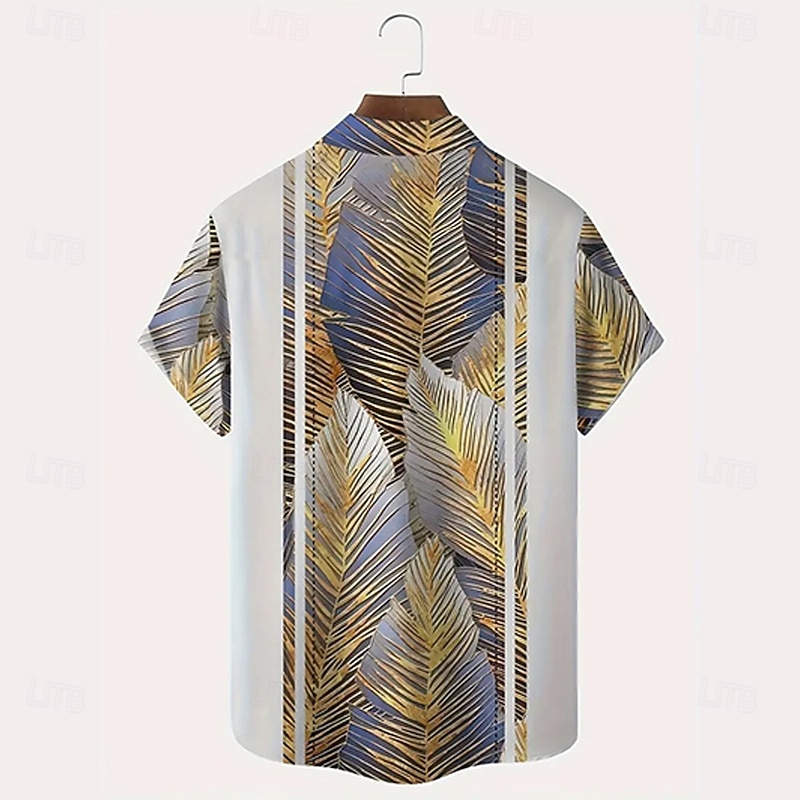 Men's Striped Palm Leaf Tropical Plants Summer Hawaiian Shirt Button Up Shirt Short Sleeve Hawaiian Resort Vacation Holiday Beach Wear Summer Spring Turndown Collared Shirts Front One Pocket White2