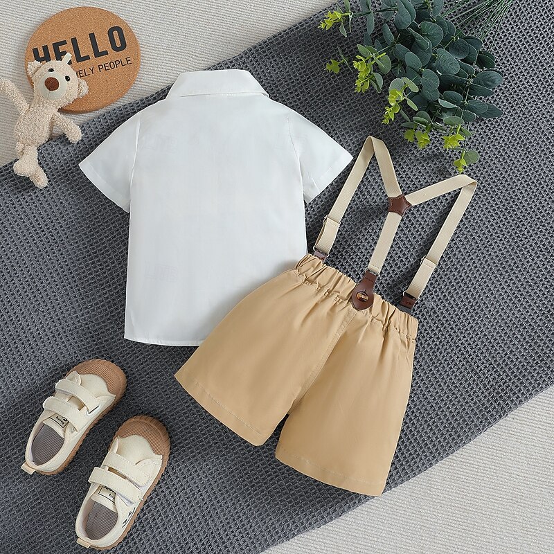 3 Pieces Ring Bearer Suit Boys Kids Toddler Shirt & Shorts School Formal Party Fashion Gentle Solid Color V Neck White Cotton3