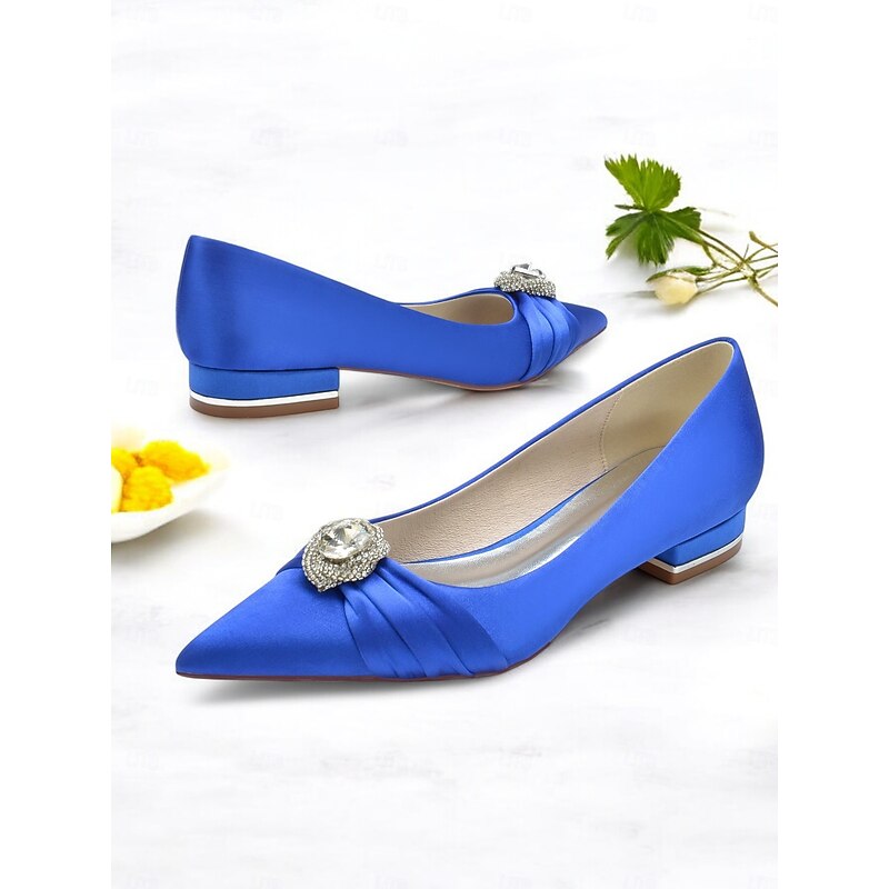 Elegant Satin Blue Wedding Flats for Women with Crystal Accent – Comfortable Low Heel, Pointed Toe Bridal Shoes for Formal Events2