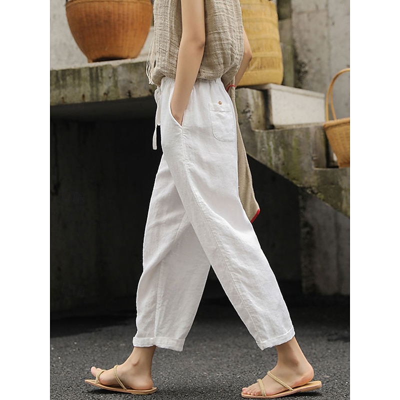 Women's Cotton Linen Shorts Linen-Inspired Pants Cotton Linen Pants Fashion Streetwear Basic Ankle-Length High Waist Plain Pocket Elastic Waistband Comfort Outdoor Micro-elastic Vacation Street Daily