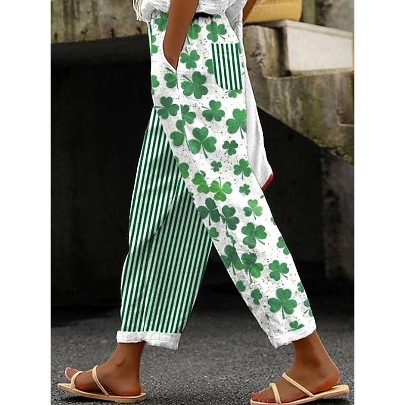 Women's Cotton Linen Pants Baggy Pants Linen Like Vintage Fashion Full Length High Waist Geometric Shamrock Lines / Waves Printing Breathable Soft Micro-elastic Outdoor Daily Linen Like
