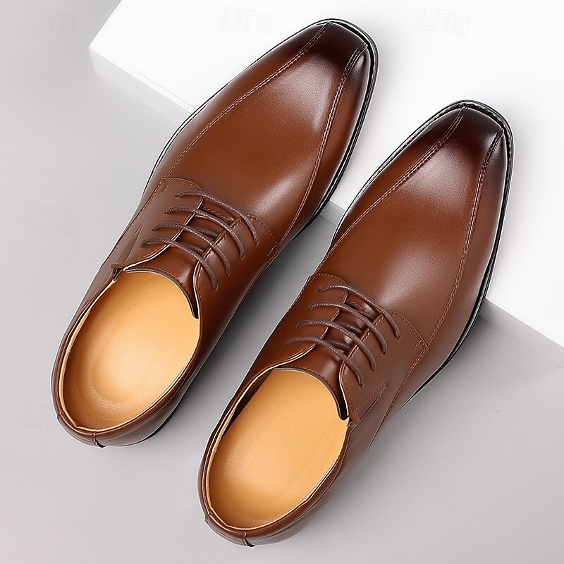 Men's Brown Faux Leather Dress Shoes with Lace-up Design, Elegant Formal Footwear for Office, Weddings  and Special Events3