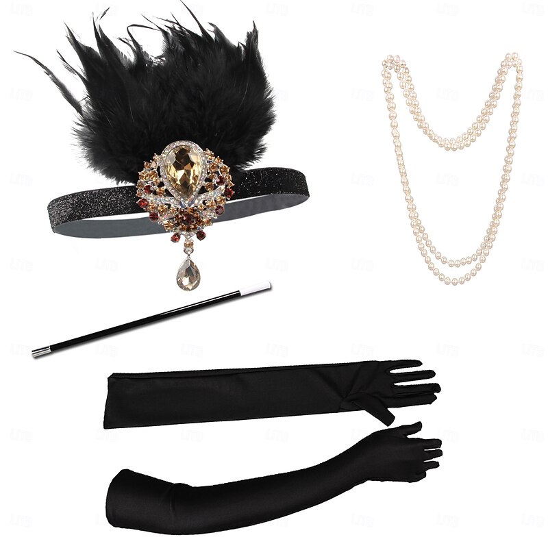 Roaring 20s 1920s Flapper Headband Accesories Set The Great Gatsby Charleston Feather Fancy Dress Women's New Year Masquerade Party Bachelorette Party Adults' 1 Necklace Gloves Headwear3