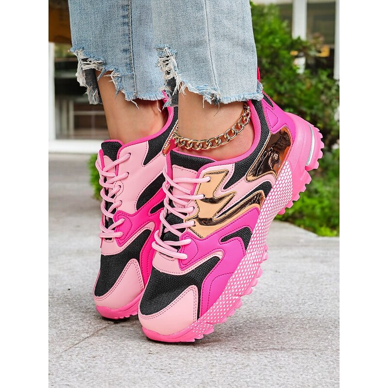 Color Block Sneakers with Metallic Accents and Breathable Mesh, Sporty Style for Women, Perfect for Running, Walking and Casual Outings2