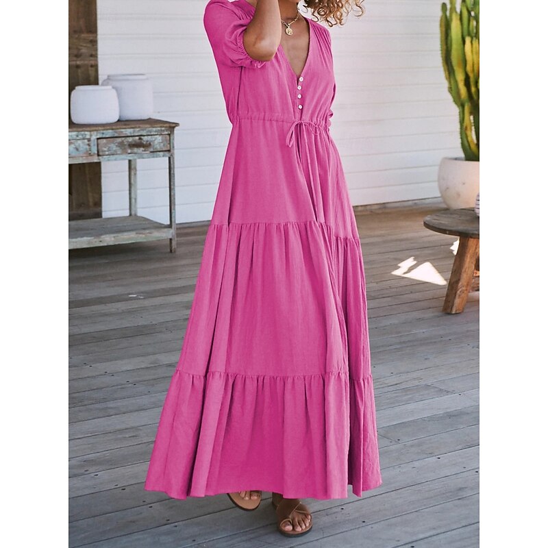 Women's Maxi Dress Casual Dress Swing Dress A Line Dress Casual Vacation Daily Regular Fit Plain Short Sleeve V Neck Black Navy Blue Fuchsia Green Summer3