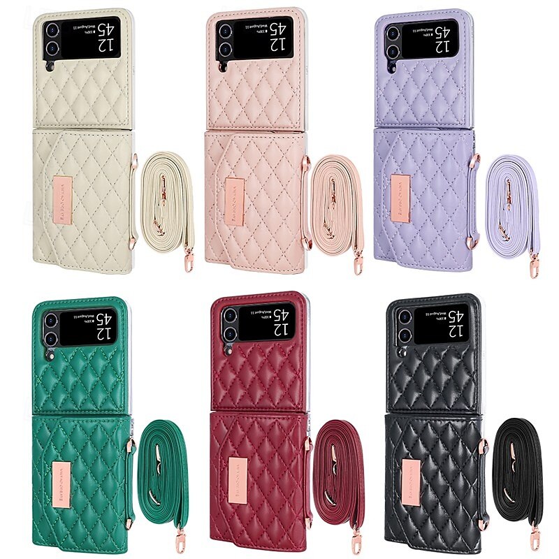 Phone Case For Samsung Galaxy Z Flip 6 Z Flip 5 Z Flip 4 Z Flip 3 Back Cover with Lanyard Card Slot Shockproof Retro PU Leather