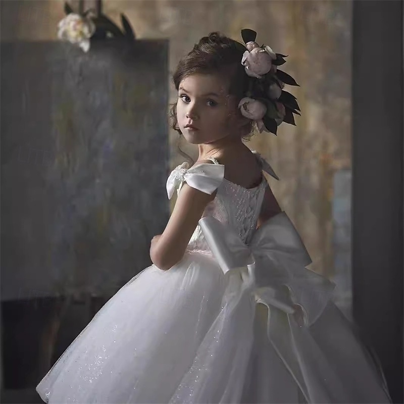 Flower Girl Dress Kid's Girls' Princess Dress Performance Wedding Party Elegant Beautiful Mesh Solid Color Sleeveless Off Shoulder White 4 years+4