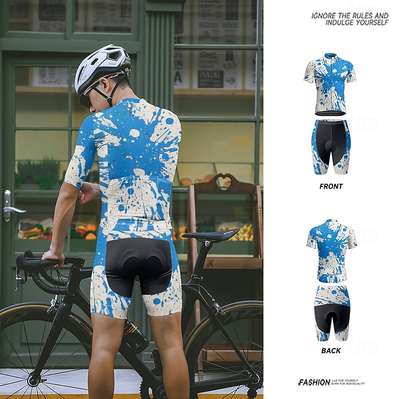 Men's Cycling Jersey with Shorts Graffiti Short Sleeve Bike Clothing Suit with 3 Rear Pockets Mountain Bike MTB Road Bike Cycling Front Zipper Sweat wicking Comfortable Breathable Sports Yellow Blue4