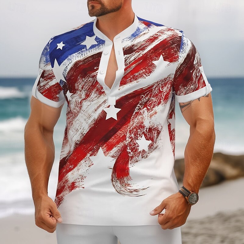 Men's American US Flag Patriotic Shirt Button Down Shirt Short Sleeve Fashion Casual Vacation Streetwear Beach Wear Summer Spring Standing Collar Henley Collar White
