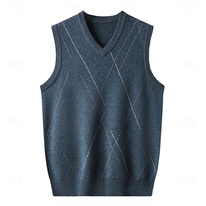 Men's 100% Wool Sweater Vest Knit V Neck Stripe Reactive Print V Neck Knitwear Elegant School Performance Clothing Apparel Spring Fall Black Royal Blue S M L2