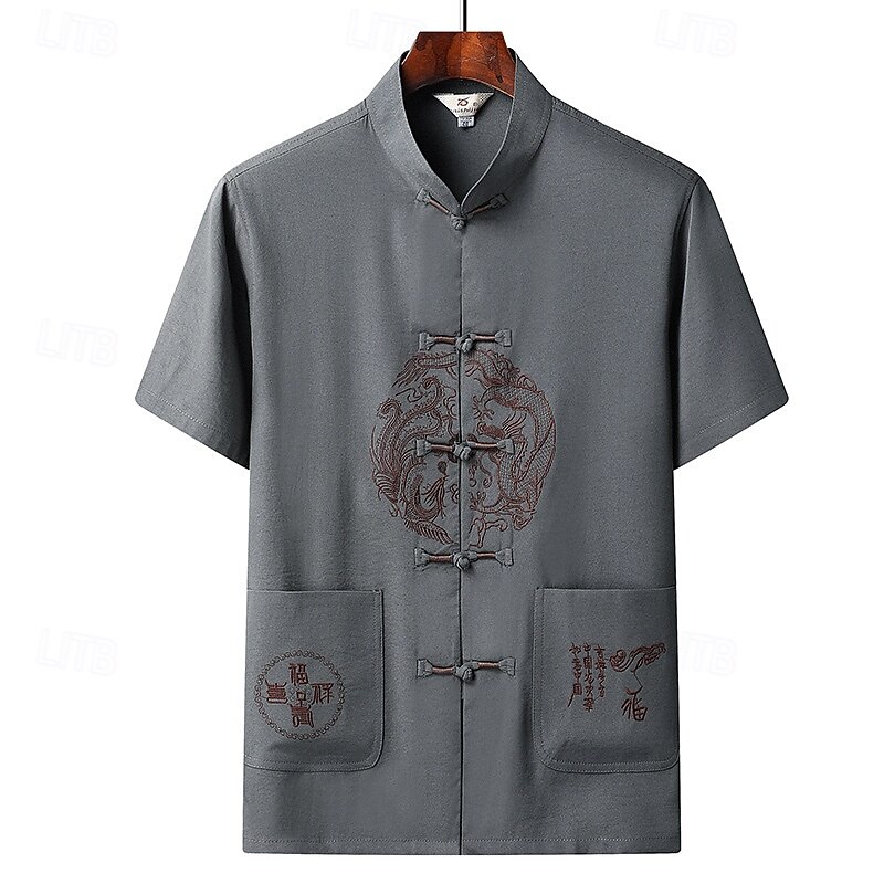 Men's Shirt Summer Shirt Casual Shirt Beach Shirt Button Up Shirt Red Navy Blue Green Light Grey Dark Gray Short Sleeve Dragon Stand Collar Vacation Hawaiian Embroidered Clothing Apparel Polyester4
