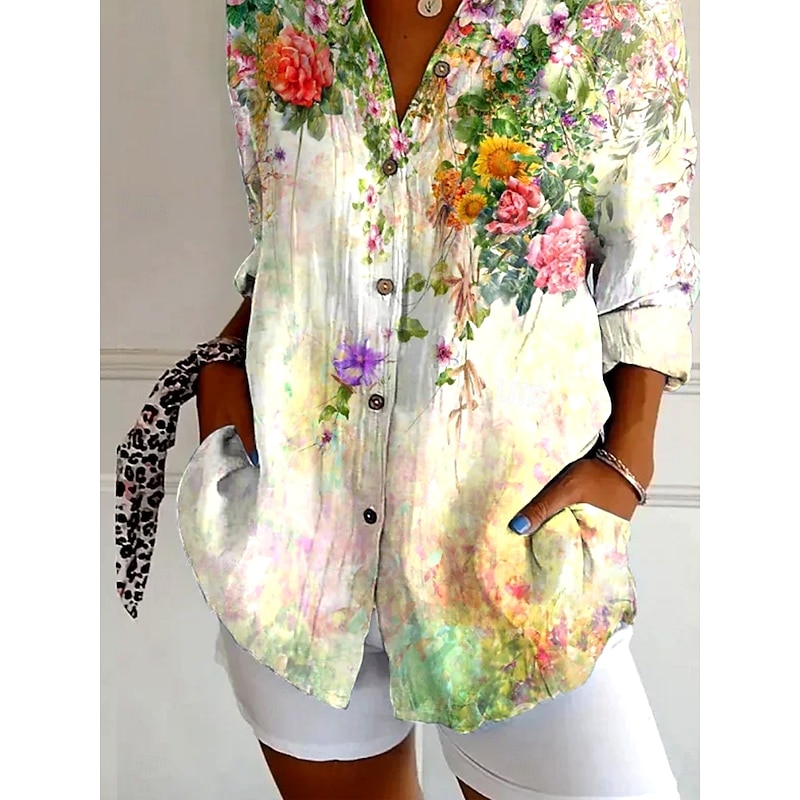 Women's Shirt Button Down Tunic Shirt Collar Long Sleeve Ombre Floral Graphic Daily Stylish Retro Vintage Regular Tops Daily Holiday Going out s Yellow Spring3
